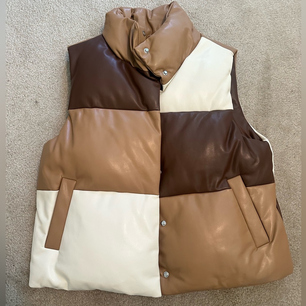 Anthropologie Brown and Cream puffy Patchwork Vest